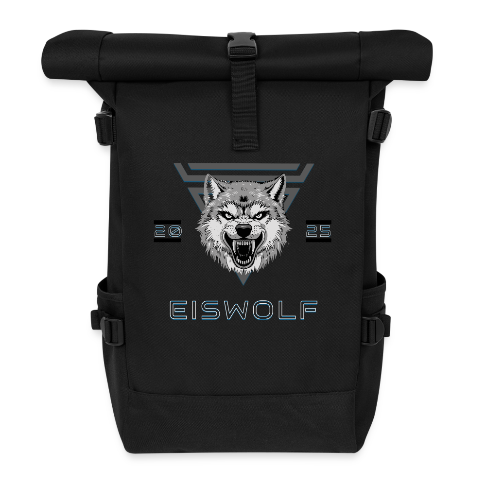 Rolltop Rucksack EISWOLF 2025 – Robuster Outdoor-Rucksack mit Wolf-Design & taktischer Ästhetik - Schwarz