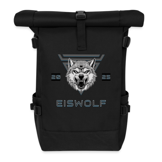 Rolltop Rucksack EISWOLF 2025 – Robuster Outdoor-Rucksack mit Wolf-Design & taktischer Ästhetik - Schwarz