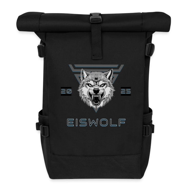 Rolltop Rucksack EISWOLF 2025 – Robuster Outdoor-Rucksack mit Wolf-Design & taktischer Ästhetik - Schwarz