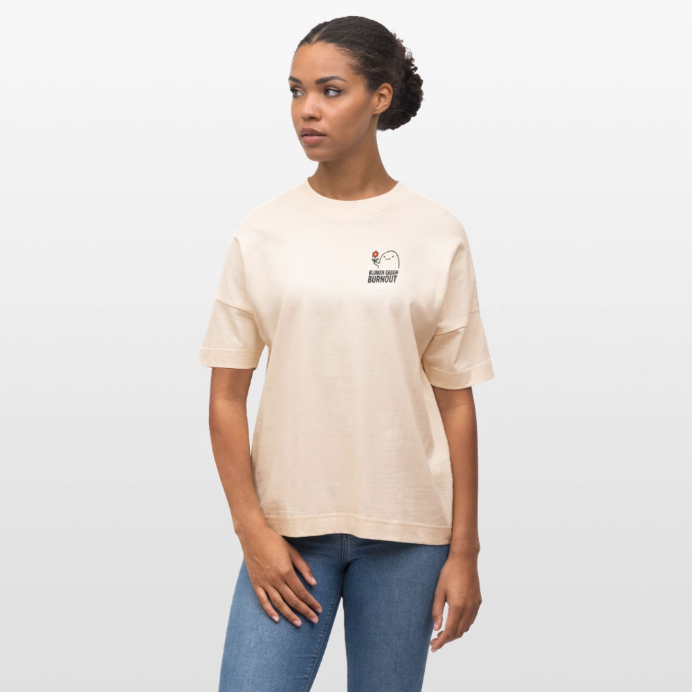 Premium Oversized Shirt „Blumen gegen Burnout“ | Nachhaltig, Bio-Baumwolle, Unisex - Weißgrau