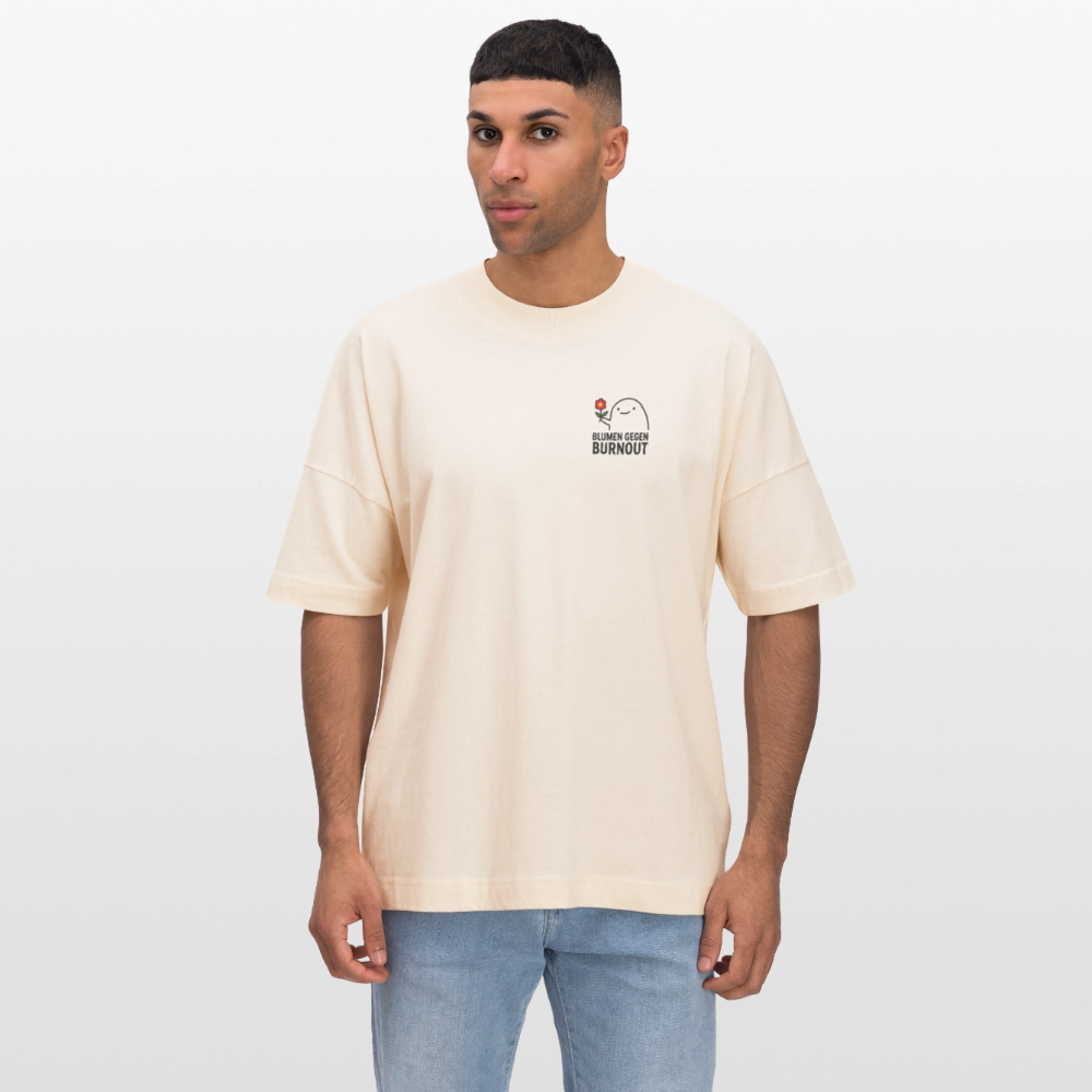 Premium Oversized Shirt „Blumen gegen Burnout“ | Nachhaltig, Bio-Baumwolle, Unisex - Weißgrau