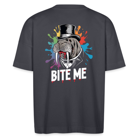 Bio Oversized Shirt BITE ME Unisex – Lustiges Walross-Design mit Zylinder & buntem Splash-Effekt - Indigoblau