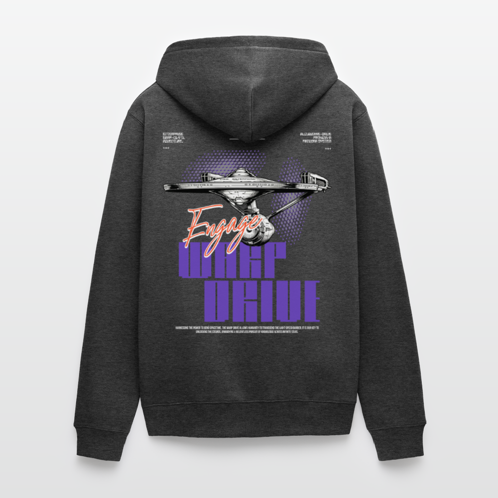 Warp Drive Unisex Premium Bio Zipper Hoodie – "Engage" Sci-Fi Raumschiff Fleece - Anthrazit meliert