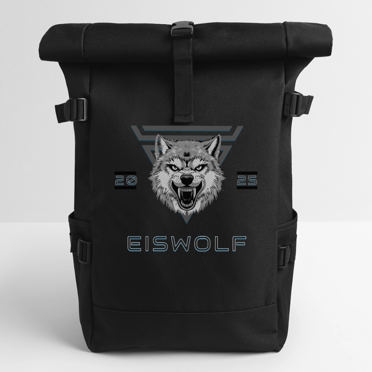 Rolltop Rucksack EISWOLF 2025 – Robuster Outdoor-Rucksack mit Wolf-Design & taktischer Ästhetik - Schwarz