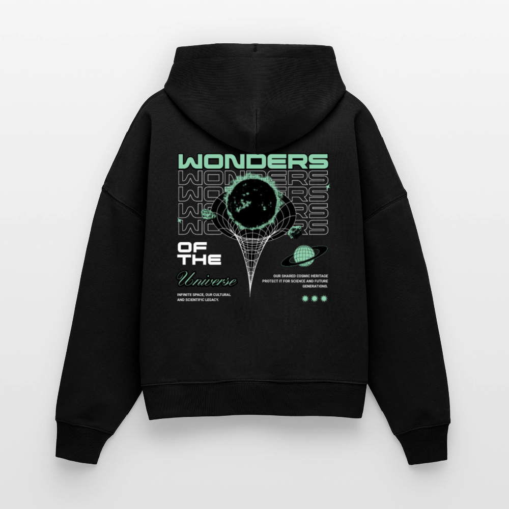 Wonders of the Universe Damen Hoodie – Boxy Bio-Kapuzenpullover mit Retro Space Backprint - Schwarz