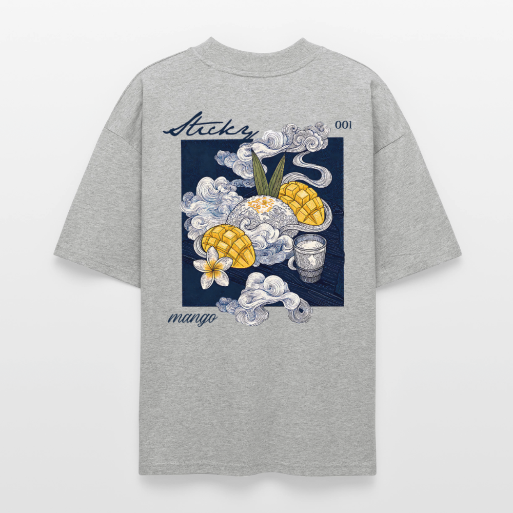 Oversized Unisex Bio T-Shirt „Sticky Mango“ – Streetwear Backprint | Planet Pioneers - Grau meliert