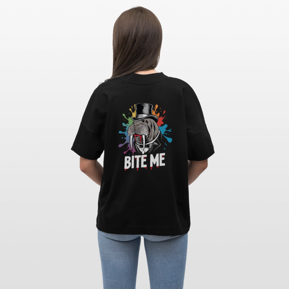 Bio Oversized Shirt BITE ME Unisex – Lustiges Walross-Design mit Zylinder & buntem Splash-Effekt - Schwarz