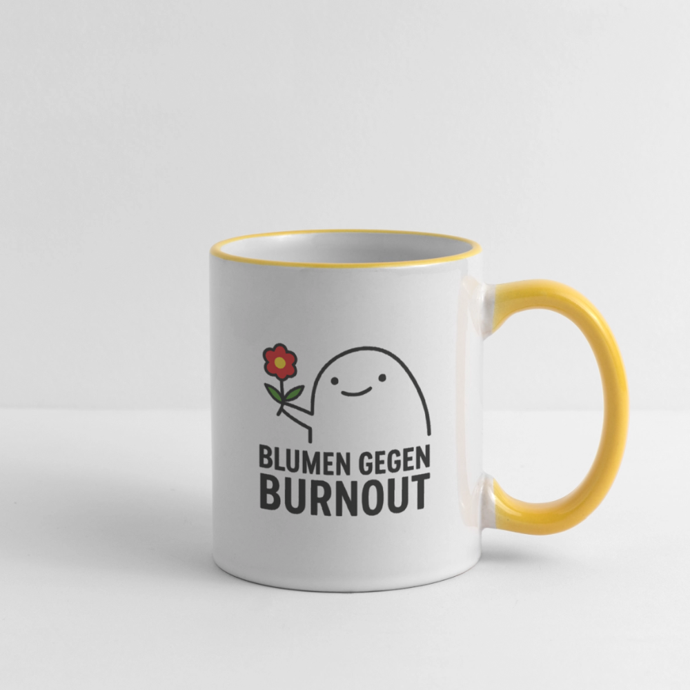 Tasse „Blumen gegen Burnout“ | Keramik, Spülmaschinenfest, Geschenkidee - Weiß/Gelb