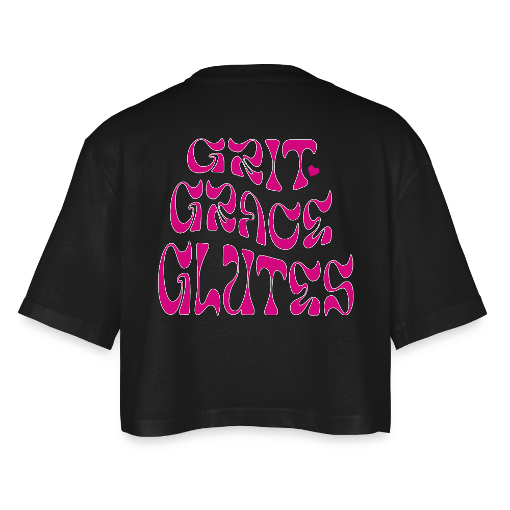 Oversized Crop Shirt Damen | GRIT GRACE GLUTES | Gym Crop Top mit  Statement Rückenprint – Schwarz & Pink - Schwarz