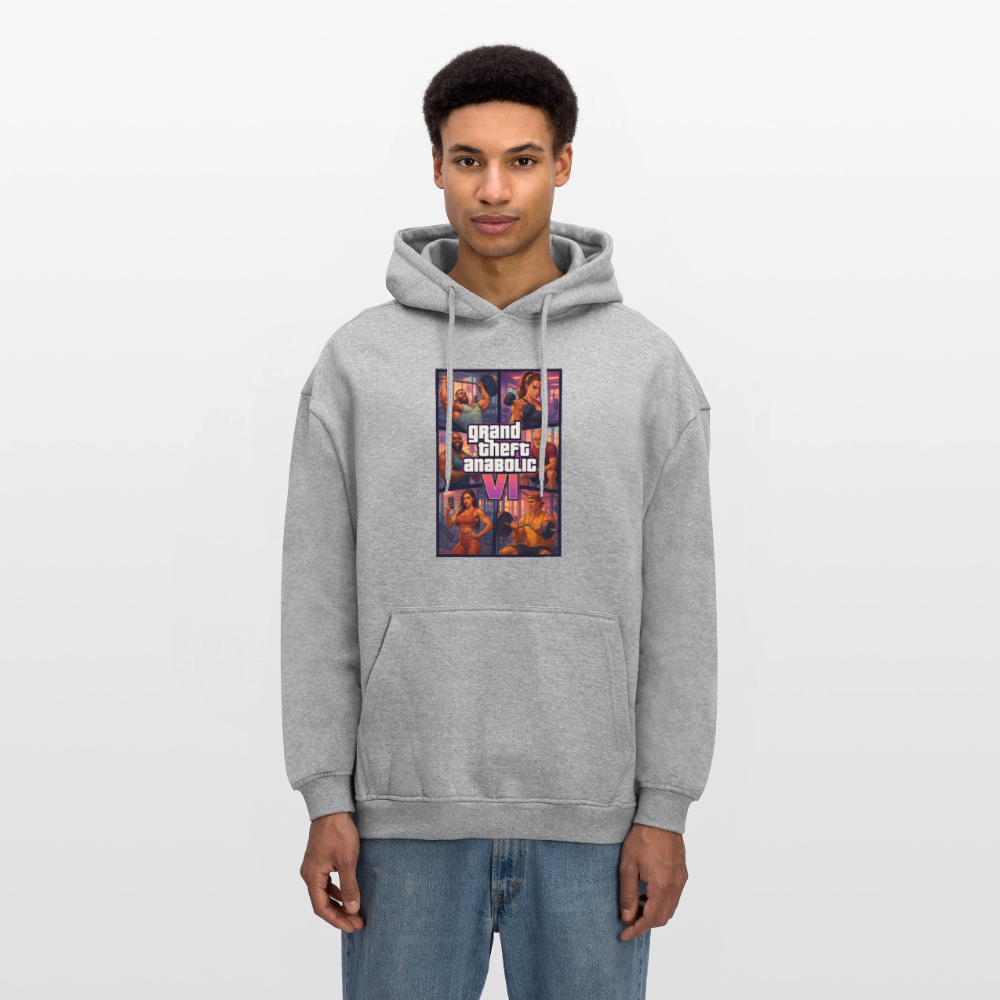 GTA VI Hoodie "Grand Theft Anabolic" – Premium Fitness Oversized Hoodie im Retro Comic Style - Grau meliert