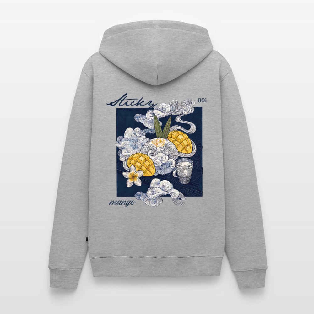 Männer Premium Bio Hoodie „Sticky Mango“ – Streetwear Backprint | Planet Pioneers - Grau meliert
