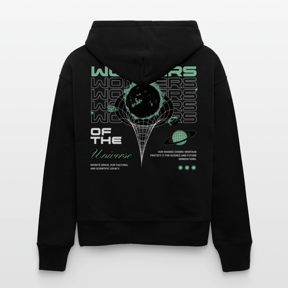 Wonders of the Universe Hoodie – Bio Relaxed Fit Kapuzenpullover mit Retro Space Backprint (Unisex) - Schwarz