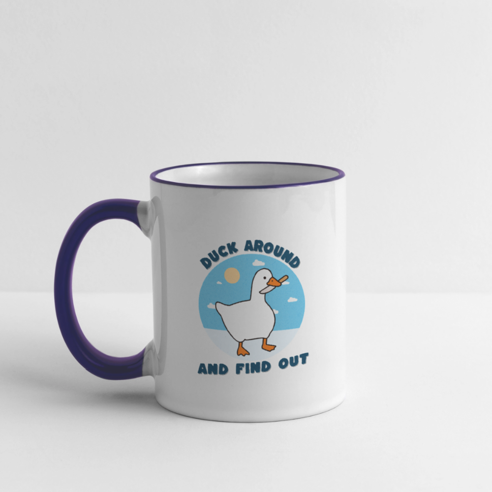 Lustige Kaffeetasse mit frechem Enten-Motiv „Duck Around and Find Out“ Tasse - Weiß/Kobaltblau