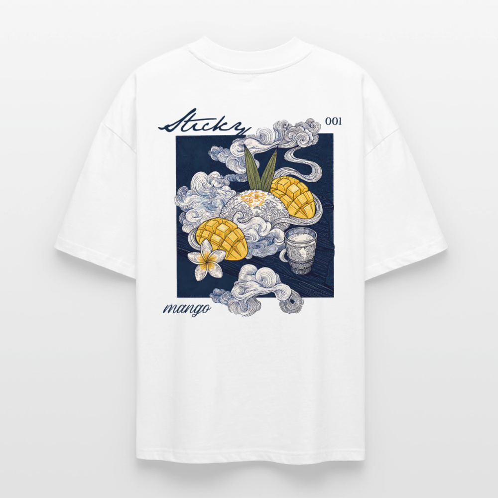 Oversized Unisex Bio T-Shirt „Sticky Mango“ – Streetwear Backprint | Planet Pioneers - Weiß