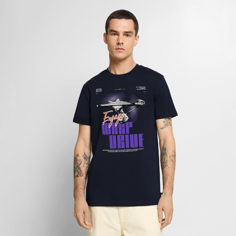 Warp Drive Premium Bio T-Shirt Herren – "Engage" Sci-Fi Raumschiff Retro Print - Navy
