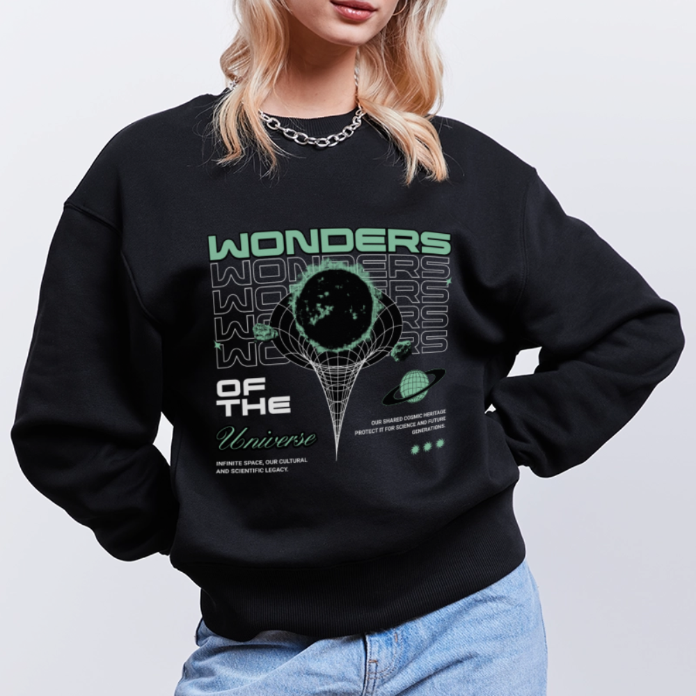 Wonders of the Universe Pullover – Oversized Bio-Sweater mit Retro Space Frontprint (Unisex) - Schwarz