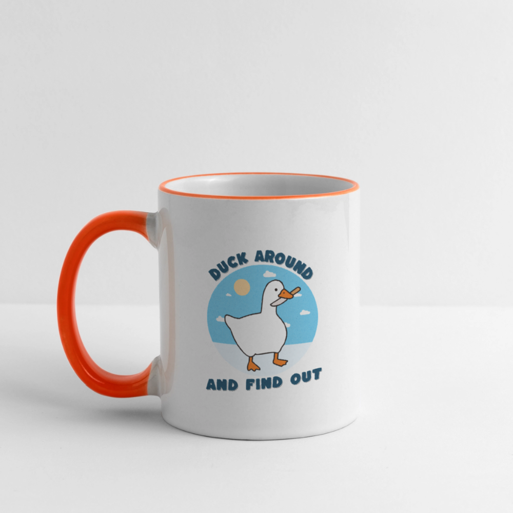 Lustige Kaffeetasse mit frechem Enten-Motiv „Duck Around and Find Out“ Tasse - Weiß/Orange