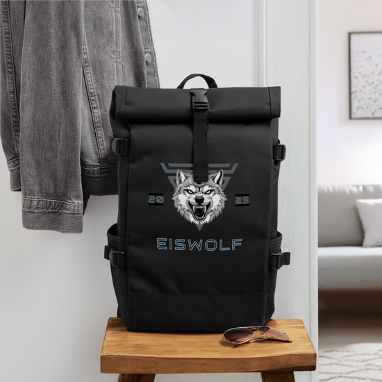 Rolltop Rucksack EISWOLF 2025 – Robuster Outdoor-Rucksack mit Wolf-Design & taktischer Ästhetik - Schwarz