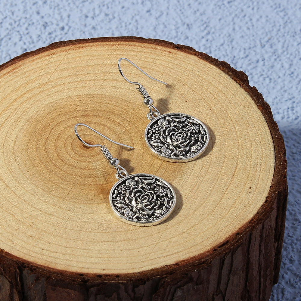 Vintage Blumen-Ohrringe in Antik-Silber | Damen Ohrhänger, runder Metallanhänger, europäischer StilFashion New Metal Pendant Earrings
