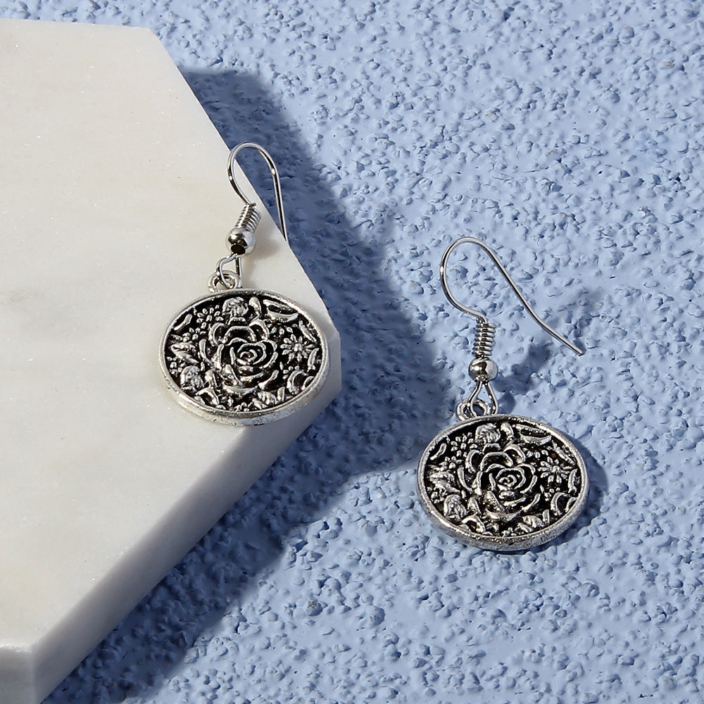 Vintage Blumen-Ohrringe in Antik-Silber | Damen Ohrhänger, runder Metallanhänger, europäischer StilFashion New Metal Pendant Earrings