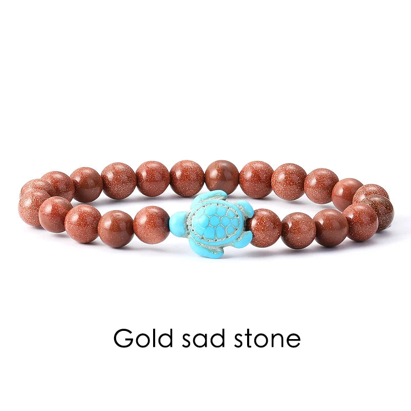 Tigerauge Armband mit Türkis-Schildkröte - Naturstein Bracelet für Damen & Herren im maritimen Boho-Stil