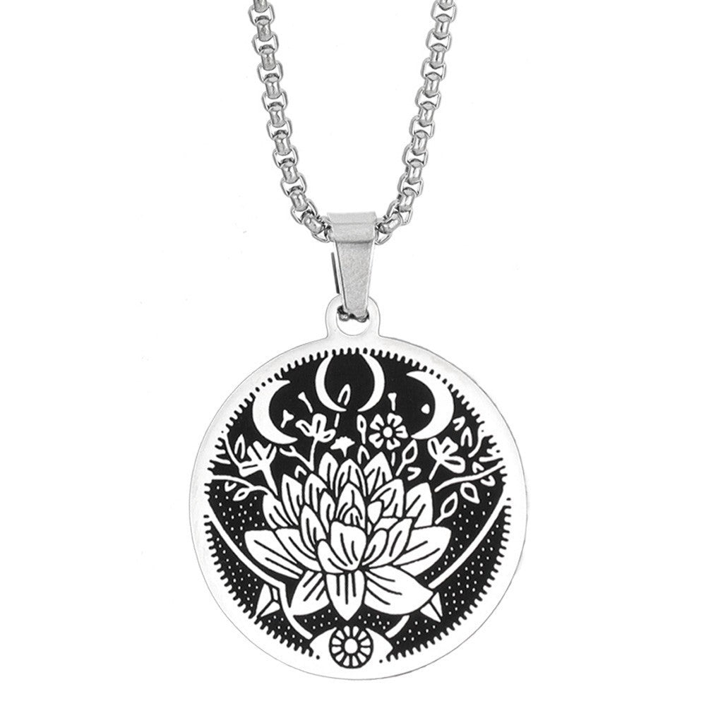 Edelstahl Kettenanhänger mit Lotus & Mond | Titanstahl Halskette, Unisex | Flower Moon Necklace