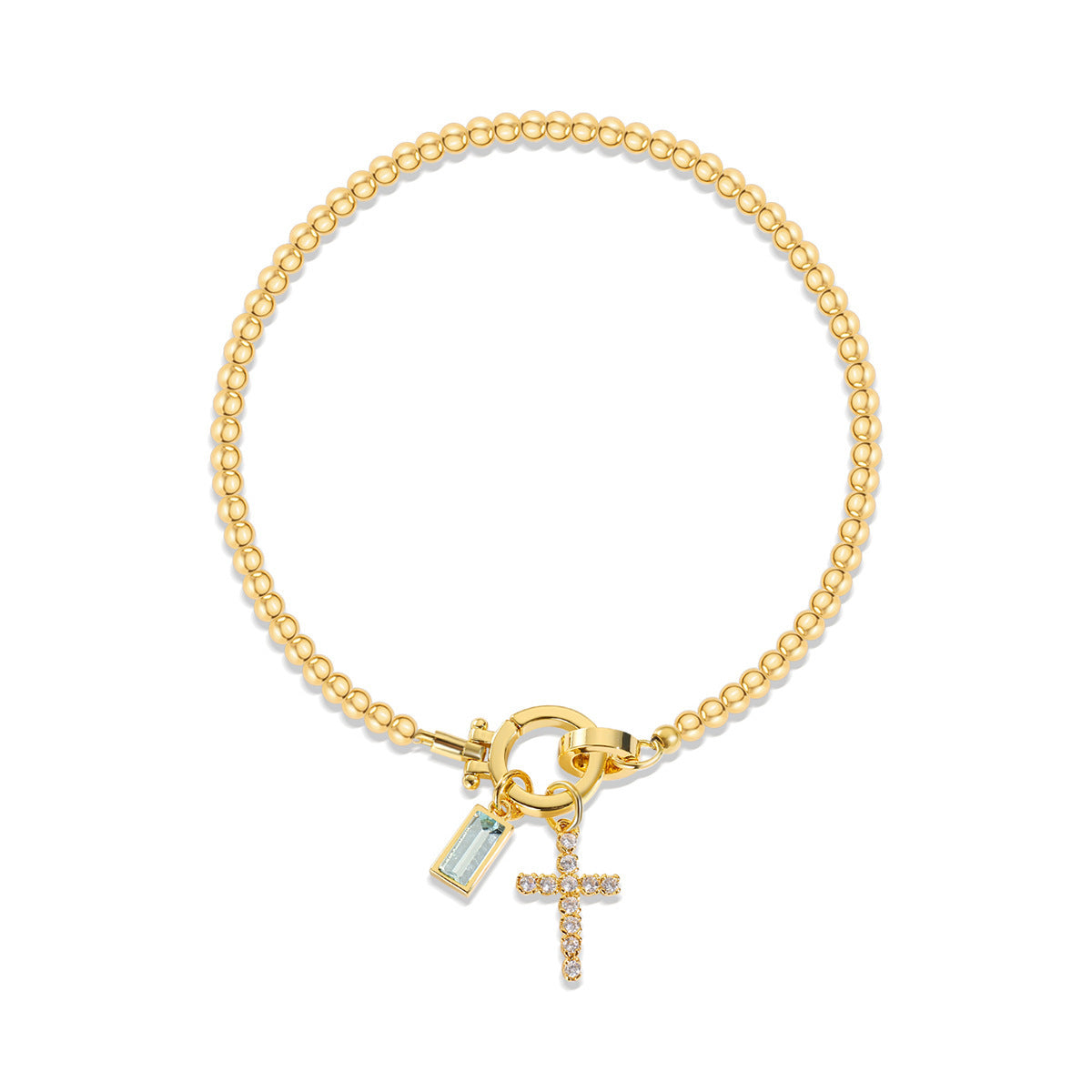 18K Vergoldetes Edelstahl-Armband mit Aquamarin & Kreuz | Damen Armkette mit Geburtsstein | Moon Stone Love Knot