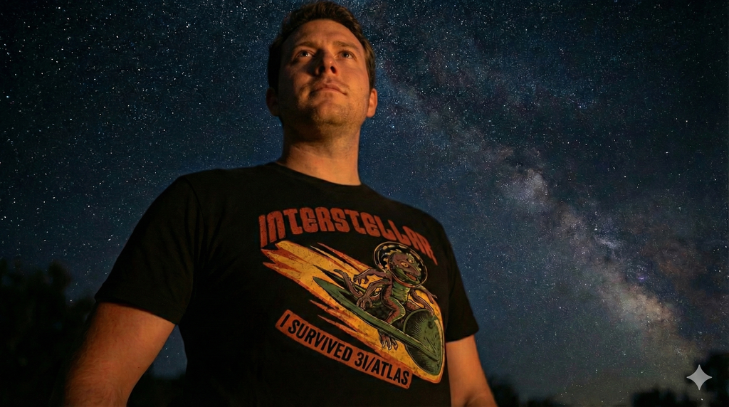 Premium Bio T-Shirt "3I/ATLAS" – Vintage Sci-Fi Alien Design aus 100% Bio-Baumwolle