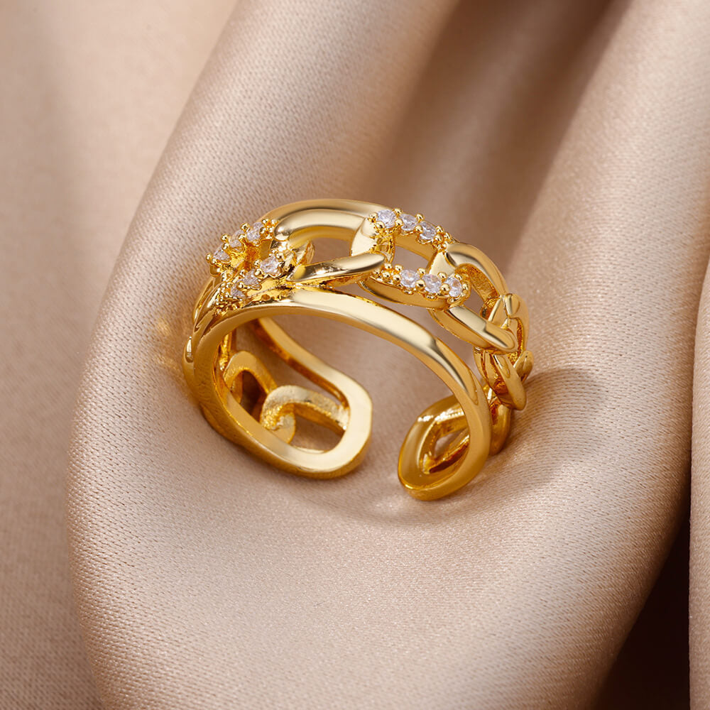 18K Vergoldeter Damenring | Offener Titanium Steel Ring, Zirkonia-Besatz, Farb- & Formvielfalt, langlebig & farbecht