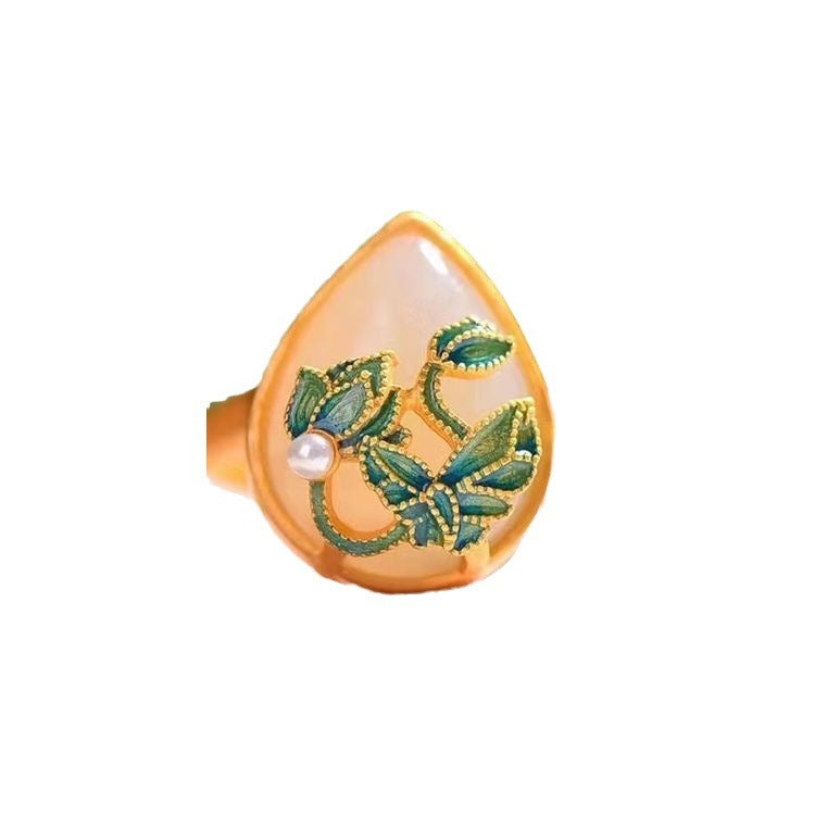 Vergoldeter Lotus-Ring mit Emaille & Perlendetail | Unisex, offen, handbemalt, asiatischer Stil