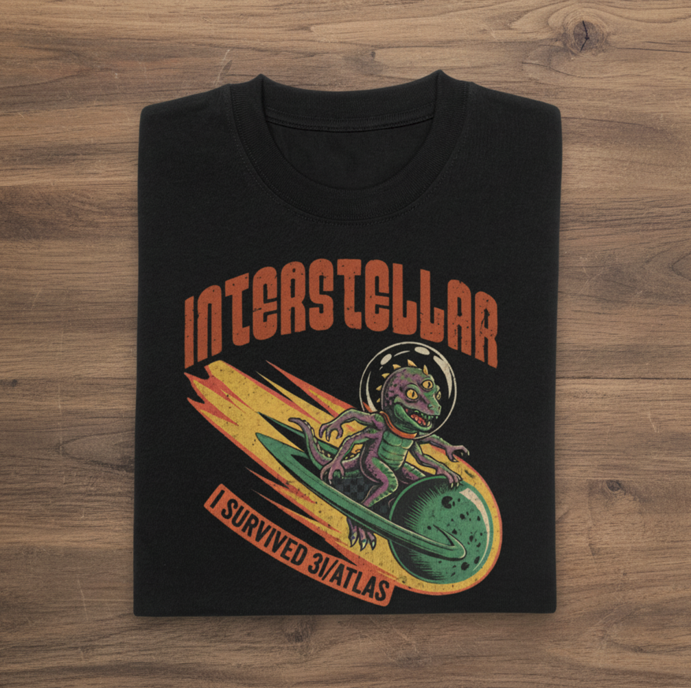 Premium Bio T-Shirt "3I/ATLAS" – Vintage Sci-Fi Alien Design aus 100% Bio-Baumwolle