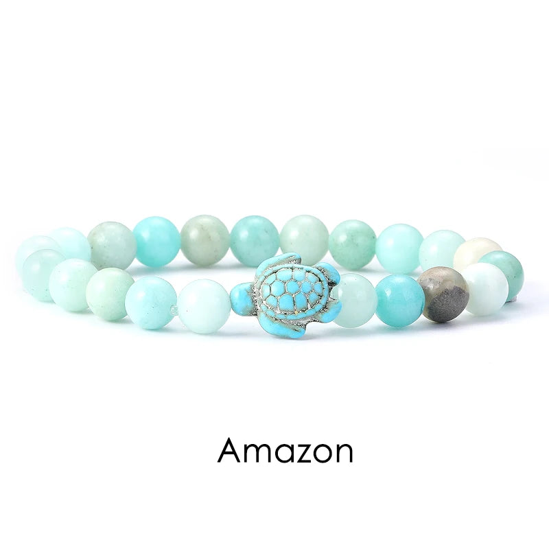 Tigerauge Armband mit Türkis-Schildkröte - Naturstein Bracelet für Damen & Herren im maritimen Boho-Stil