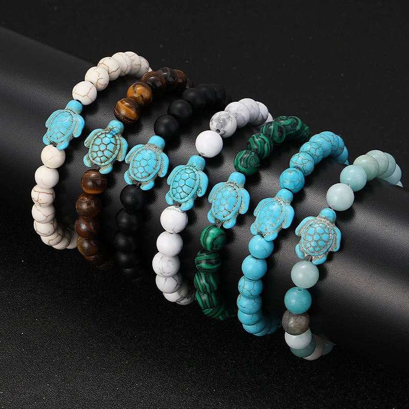 Tigerauge Armband mit Türkis-Schildkröte - Naturstein Bracelet für Damen & Herren im maritimen Boho-Stil