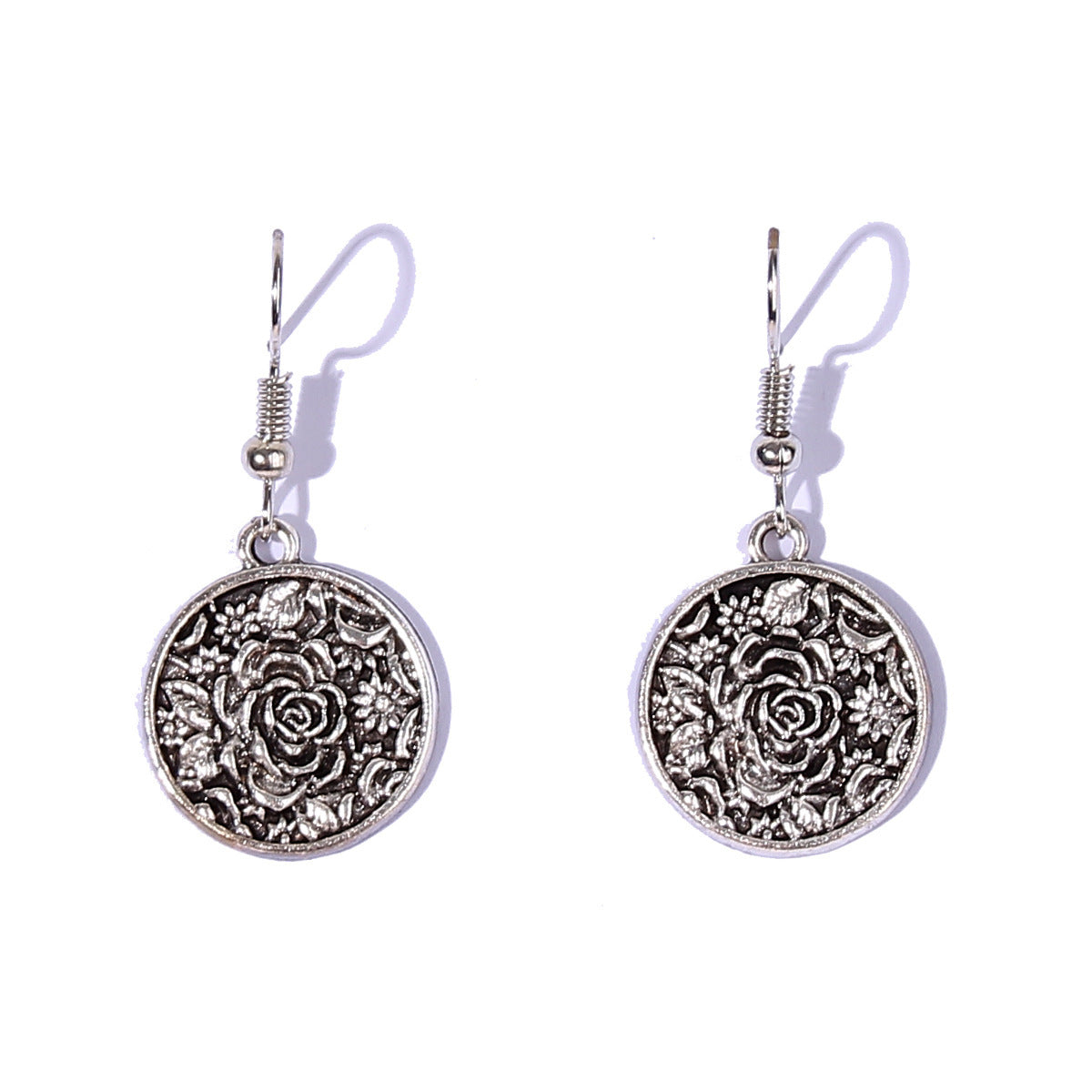Vintage Blumen-Ohrringe in Antik-Silber | Damen Ohrhänger, runder Metallanhänger, europäischer StilFashion New Metal Pendant Earrings