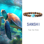 Tigerauge Armband mit Türkis-Schildkröte - Naturstein Bracelet für Damen & Herren im maritimen Boho-Stil