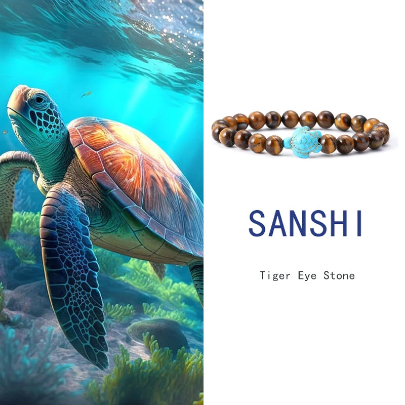 Tigerauge Armband mit Türkis-Schildkröte - Naturstein Bracelet für Damen & Herren im maritimen Boho-Stil