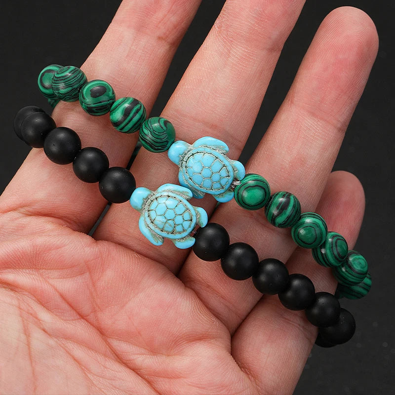 Tigerauge Armband mit Türkis-Schildkröte - Naturstein Bracelet für Damen & Herren im maritimen Boho-Stil