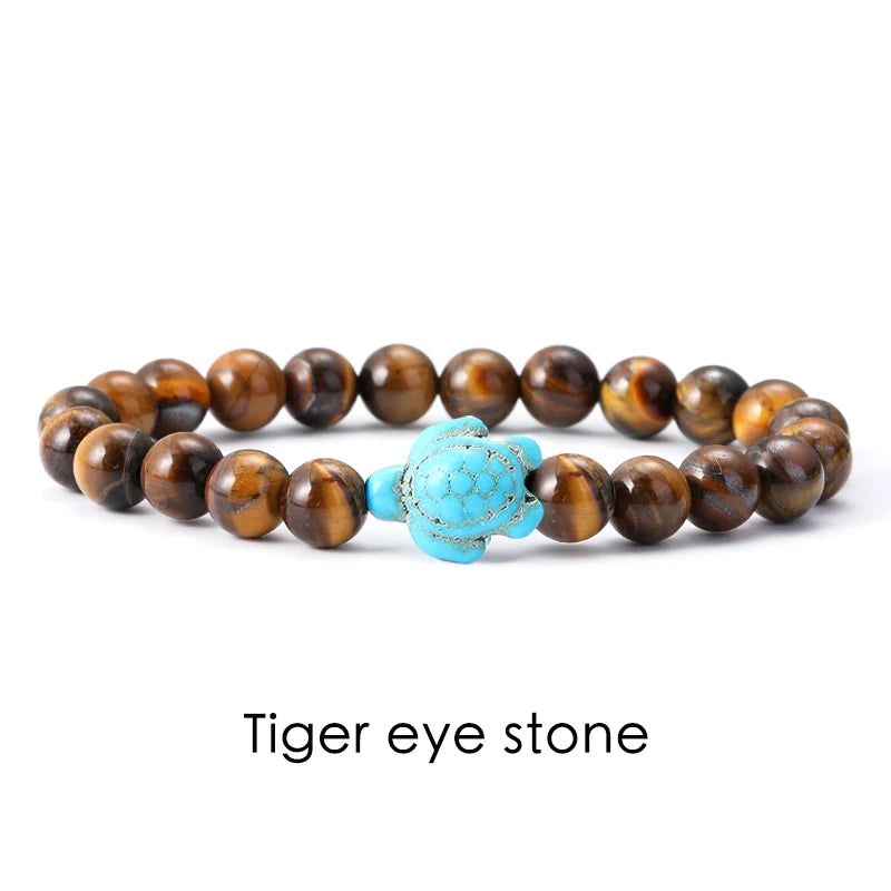 Tigerauge Armband mit Türkis-Schildkröte - Naturstein Bracelet für Damen & Herren im maritimen Boho-Stil