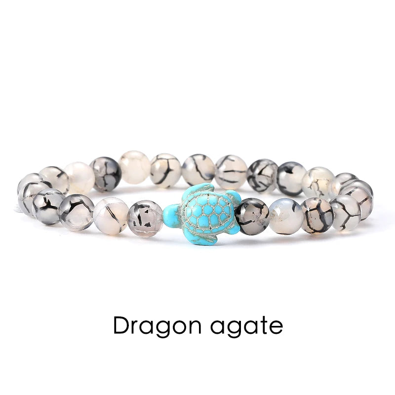 Tigerauge Armband mit Türkis-Schildkröte - Naturstein Bracelet für Damen & Herren im maritimen Boho-Stil